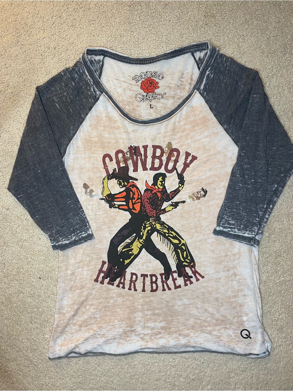 Rodeo Quincy Cowboy Heartbreak GraphicTee Black Cream Women Size L Western Retro